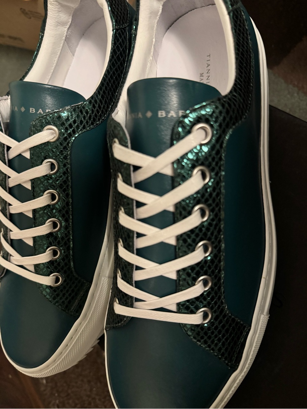 Tiana B. Men's Dark Green Metallic Snake-Trim Sneakers